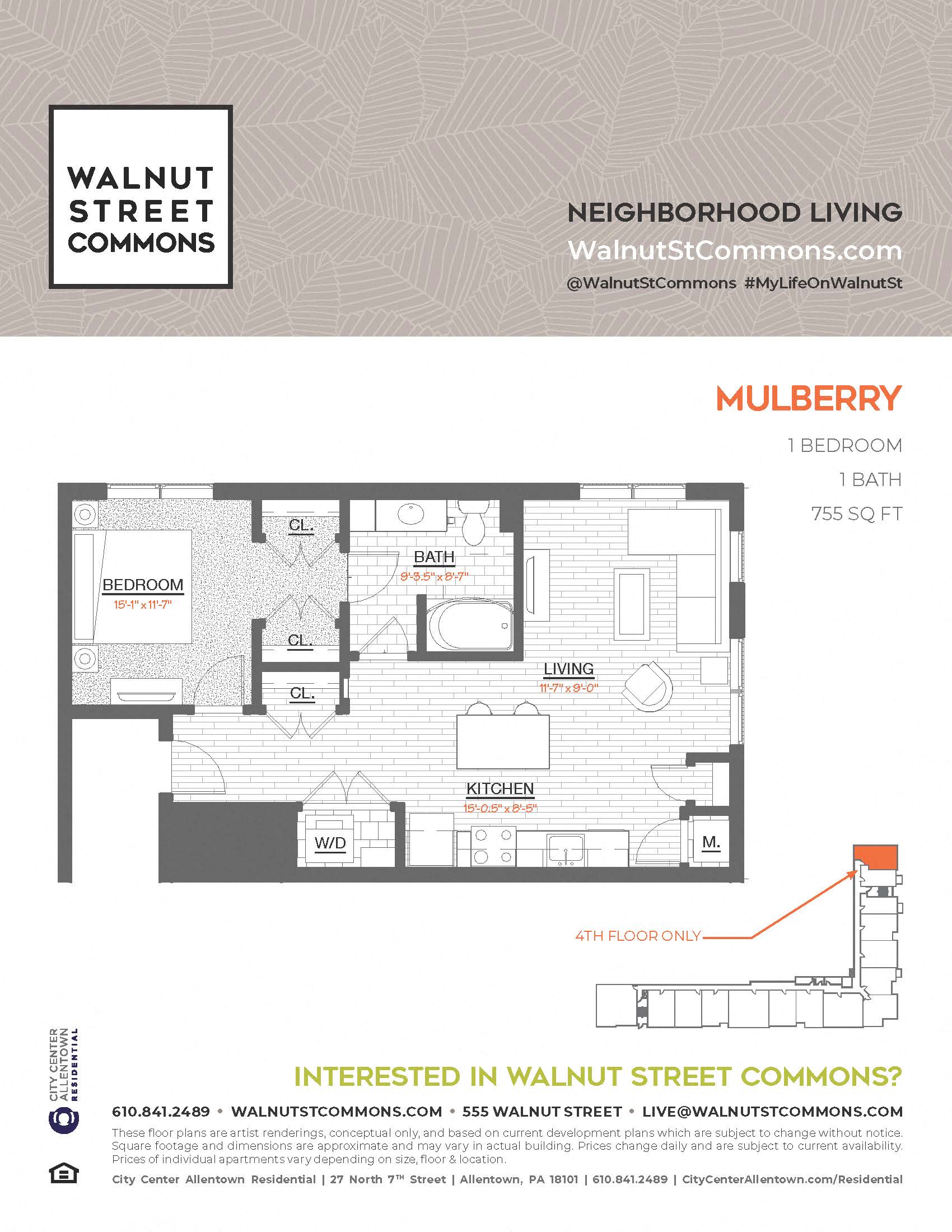 Floor plan for 1 bed, 1 bath, 755 sqft